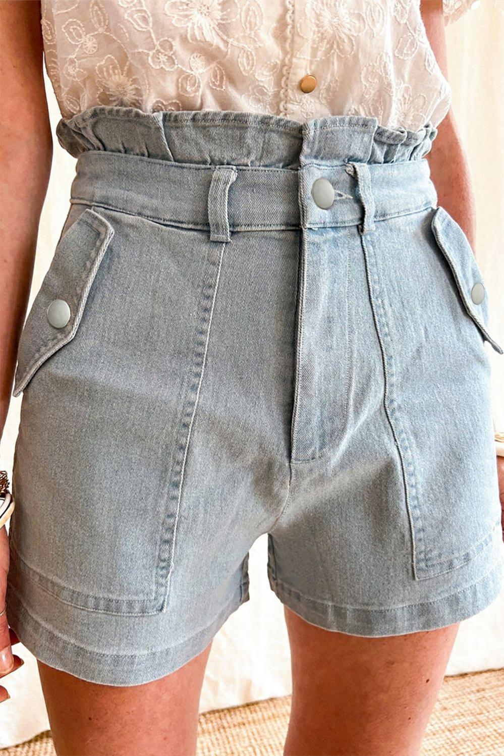 Womens  Denim Shorts | Beau Blue Ruffled High Waist Flap Pockets Denim Shorts BOTTOMS Beau Blue