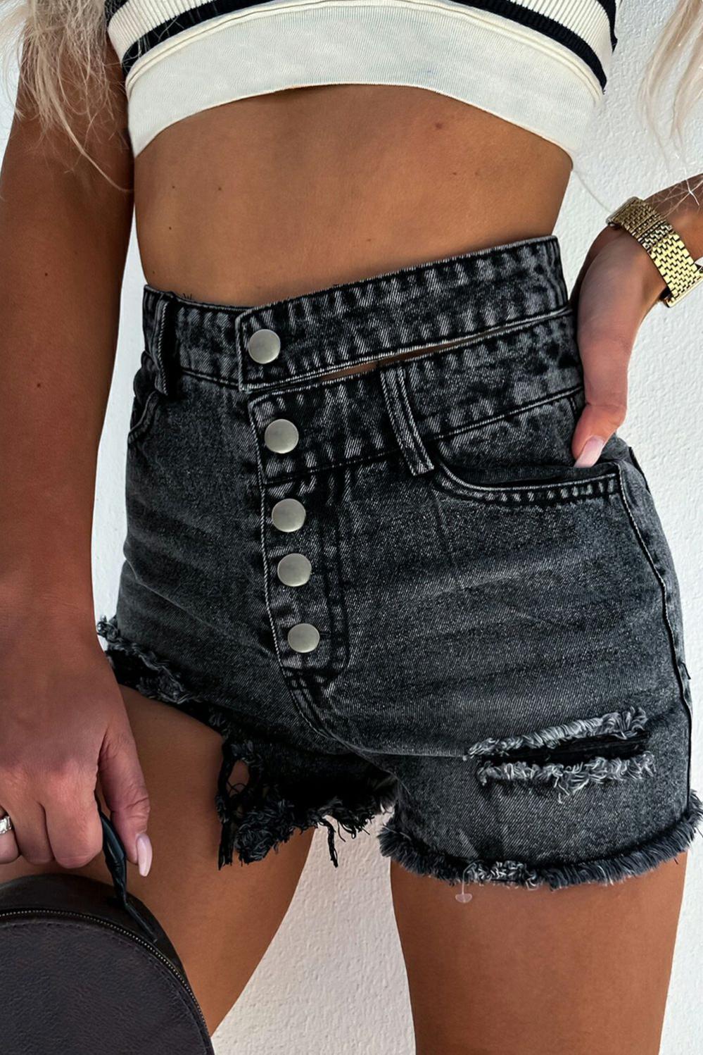 Womens  Denim Shorts | Black High Waist Multi Buttons Raw Edge Denim Shorts BOTTOMS Black