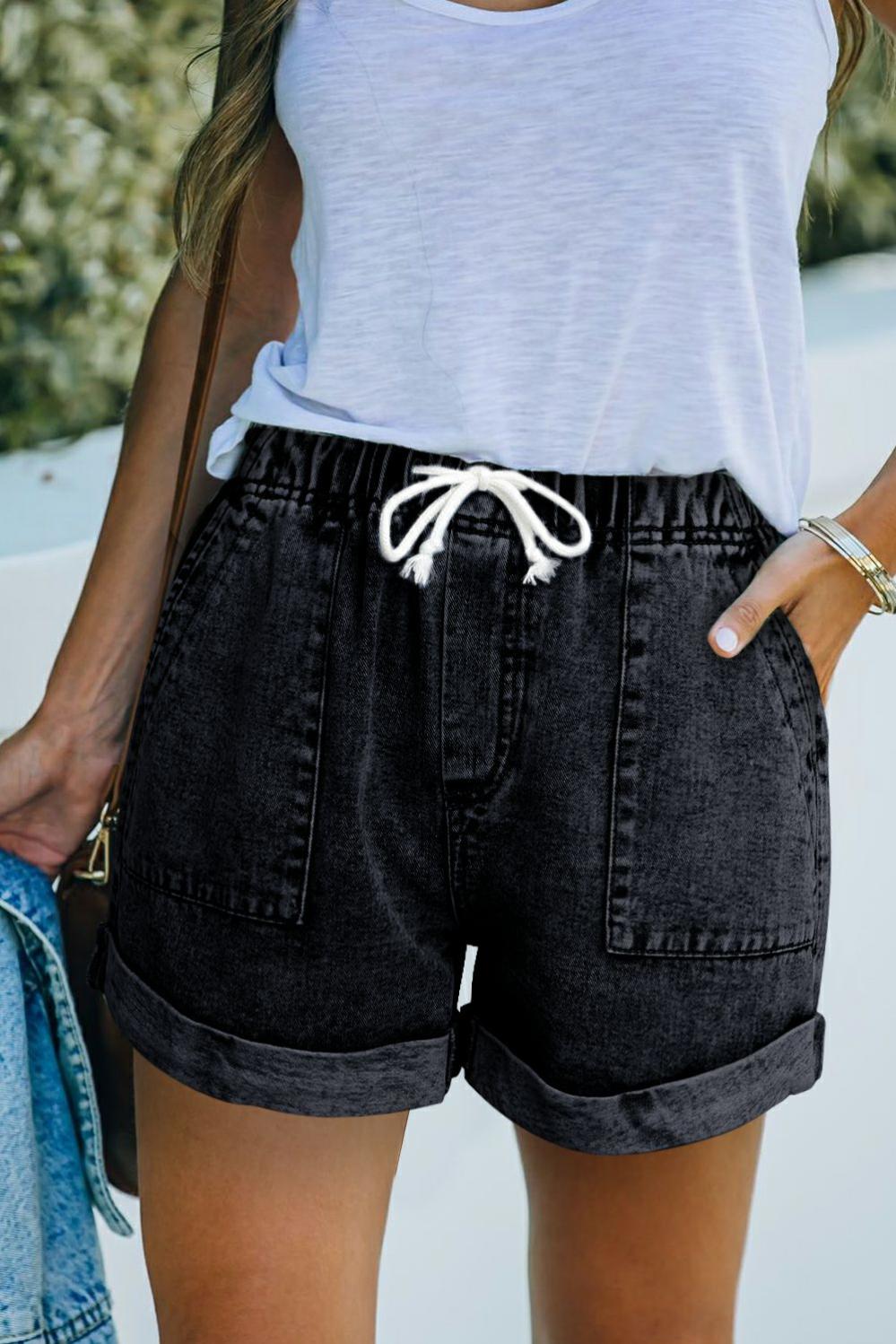 Womens  Denim Shorts | Black Pocketed Drawstring High Waist Denim Shorts BOTTOMS Black