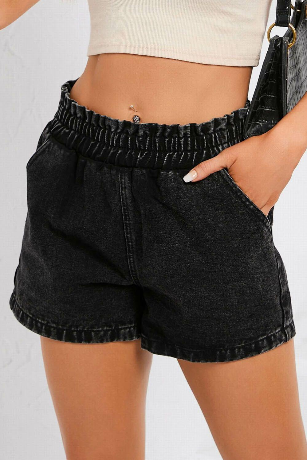 Womens  Denim Shorts | Black Retro Bleach-washed Ruffled Elastic High Waist Denim Shorts BOTTOMS Black