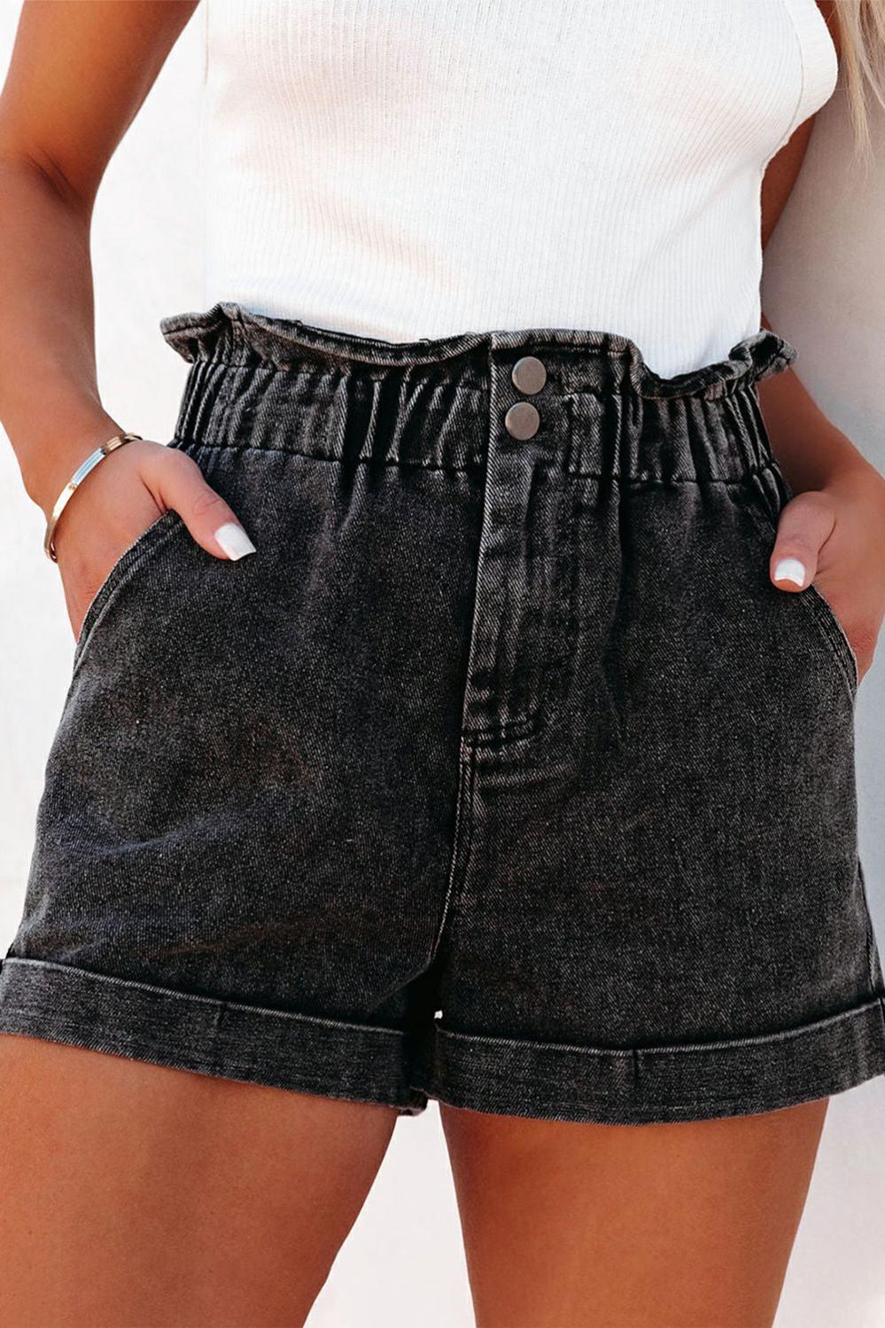 Womens  Denim Shorts | Black Vintage Washed Frilled High Waist Denim Shorts BOTTOMS Black