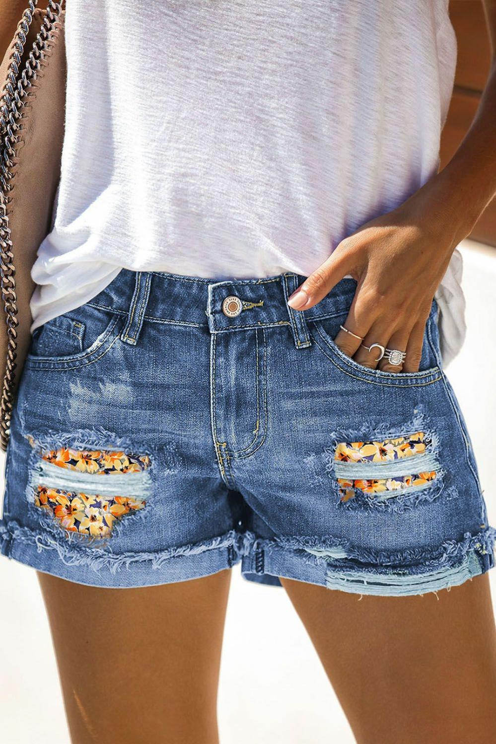 Womens  Denim Shorts | Casual Floral Patchwork Rolled Hem Denim Shorts BOTTOMS Denim Shorts