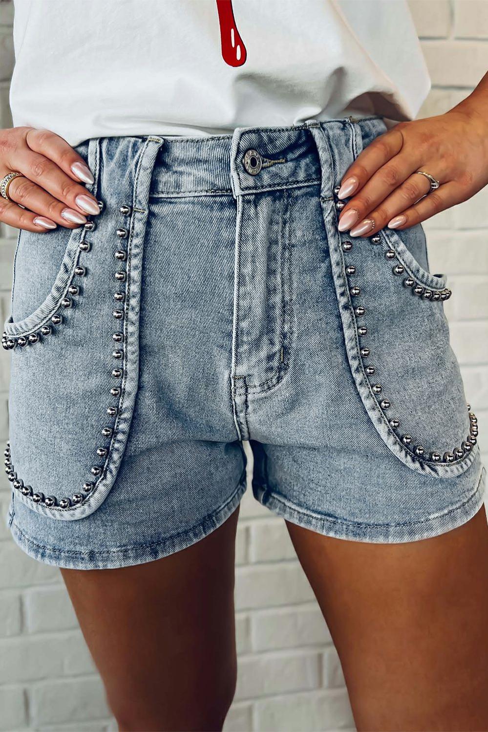 Womens  Denim Shorts | Dusk Blue Studded Acid Wash Jean Shorts BOTTOMS Denim Shorts