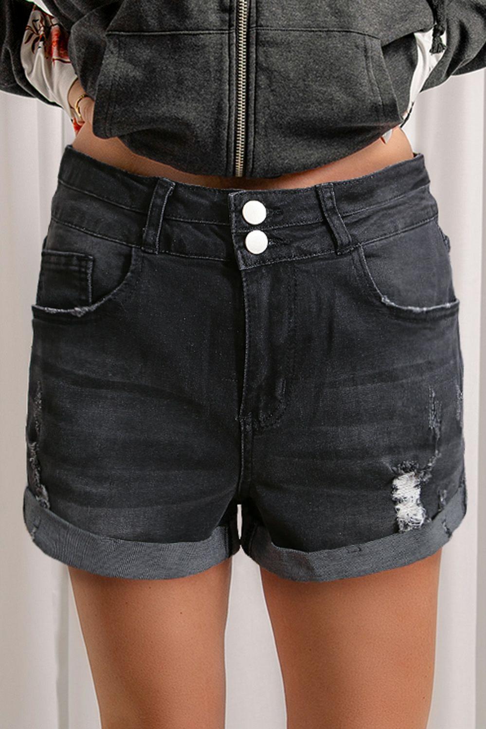 Womens  Denim Shorts | Gray Cuffed High Rise Denim Shorts BOTTOMS Denim Shorts