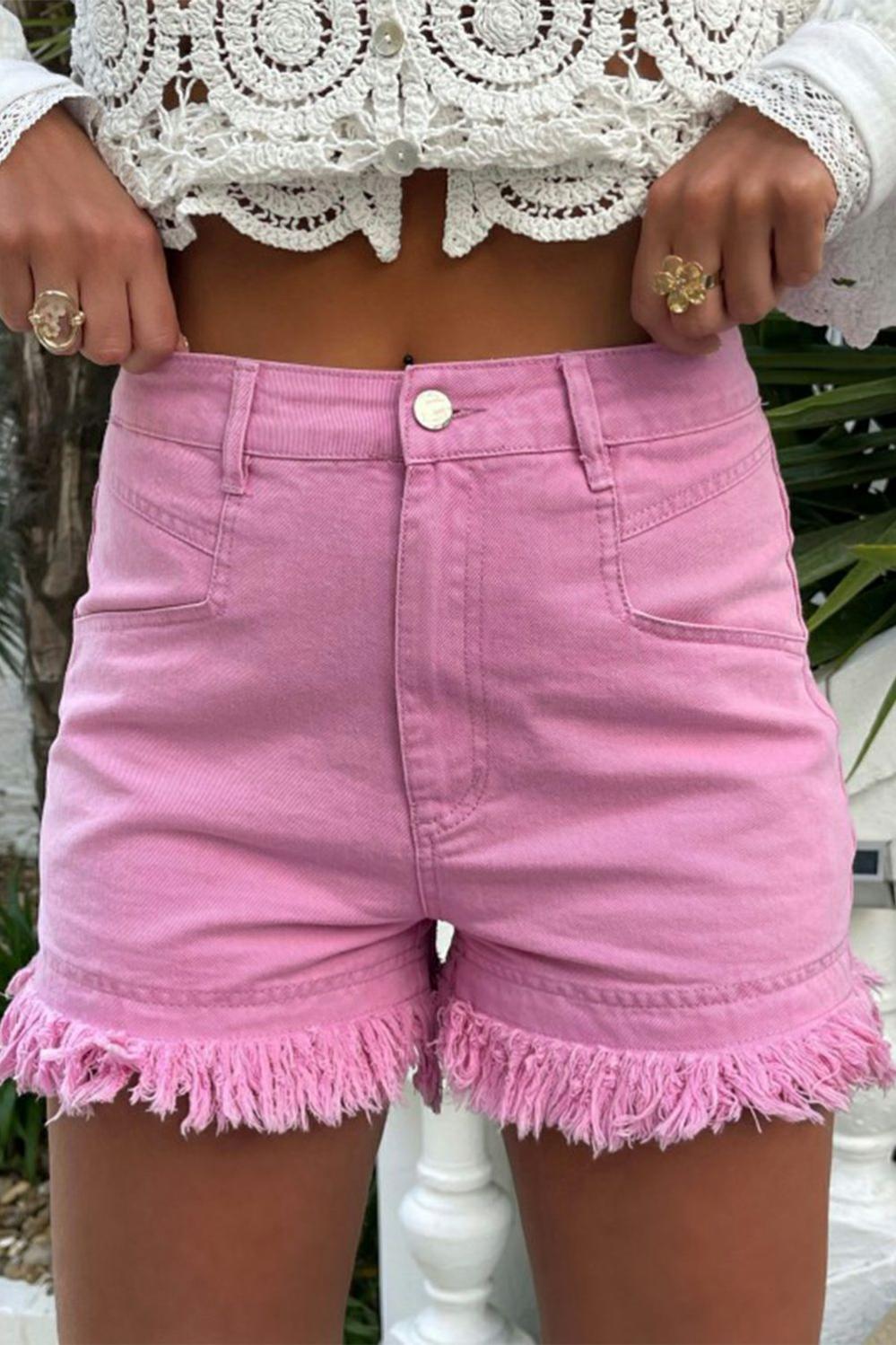 Womens  Denim Shorts | Pink Frayed Edge Mid Rise Denim Shorts BOTTOMS Denim Shorts