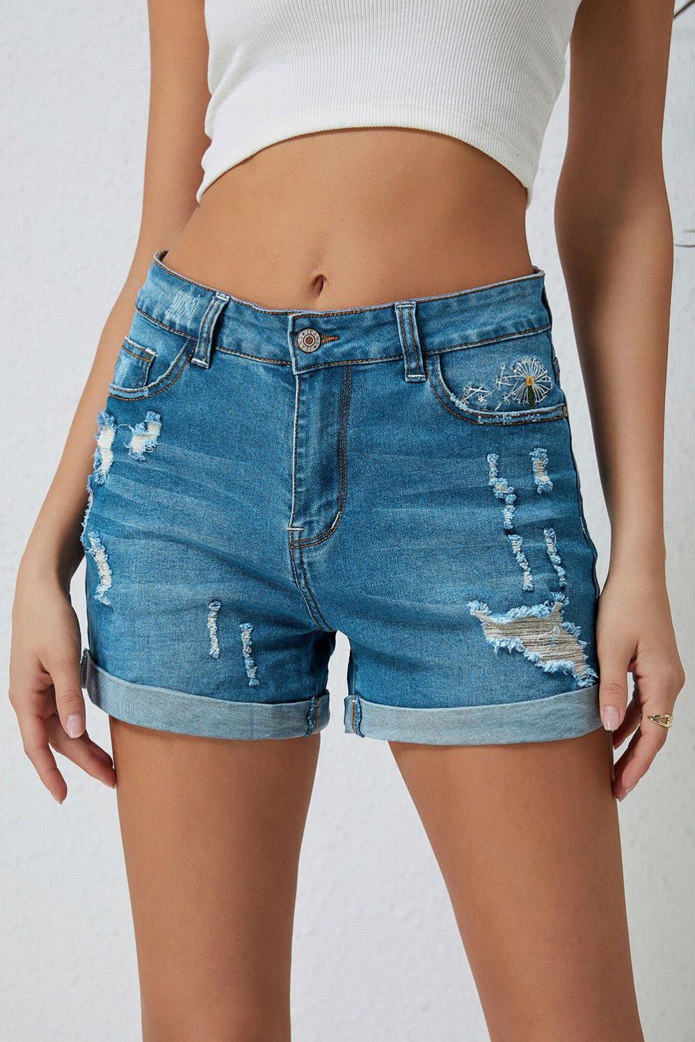 Womens  Denim Shorts | Sky Blue Dandelion Embroidered Ripped Denim Shorts BOTTOMS Denim Shorts