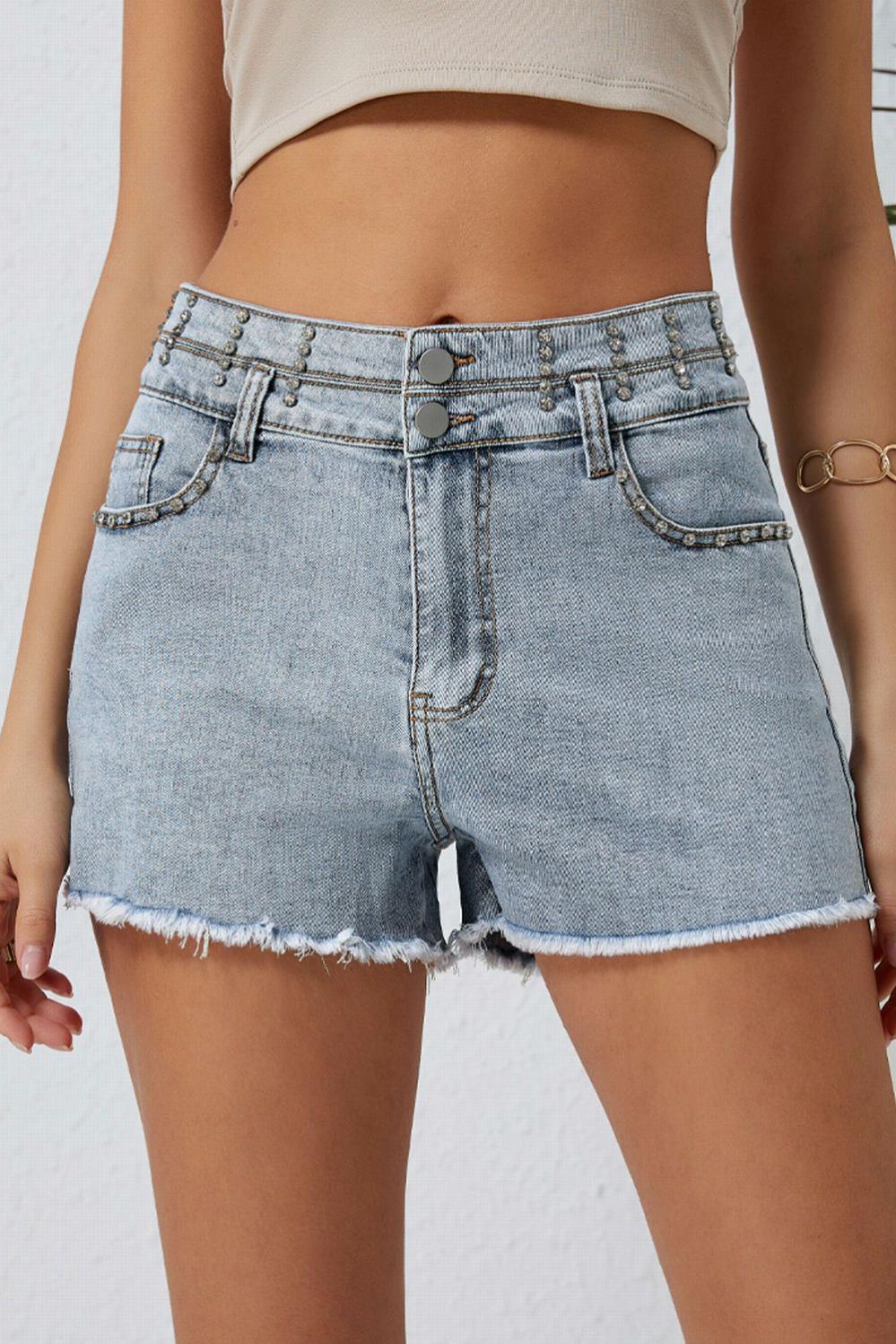 Womens  Denim Shorts | Sky Blue Diamond Studded Vintage Wash Denim Shorts BOTTOMS Denim Shorts