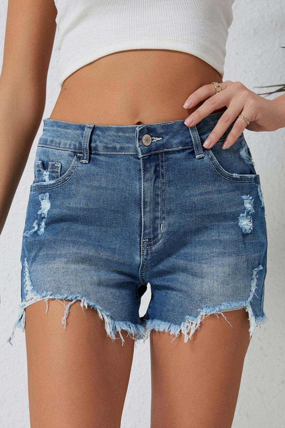 Womens  Denim Shorts | Sky Blue Distressed Raw Edge Jean Shorts BOTTOMS Denim Shorts