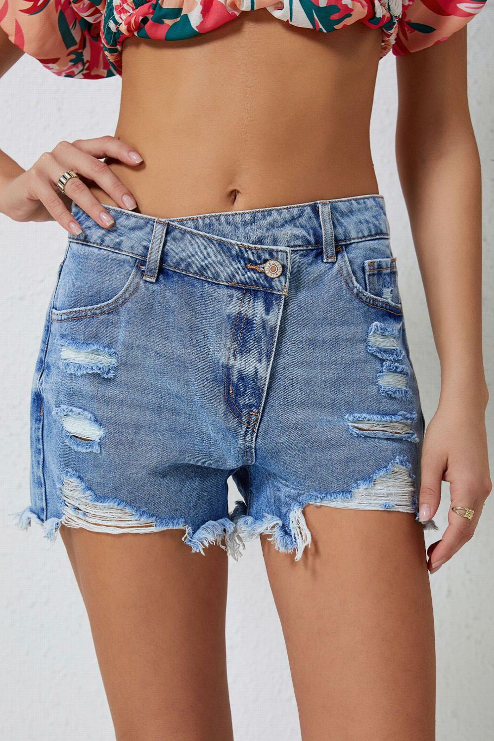 Womens  Denim Shorts | Sky Blue High Rise Crossover Waist Denim Shorts BOTTOMS Denim Shorts