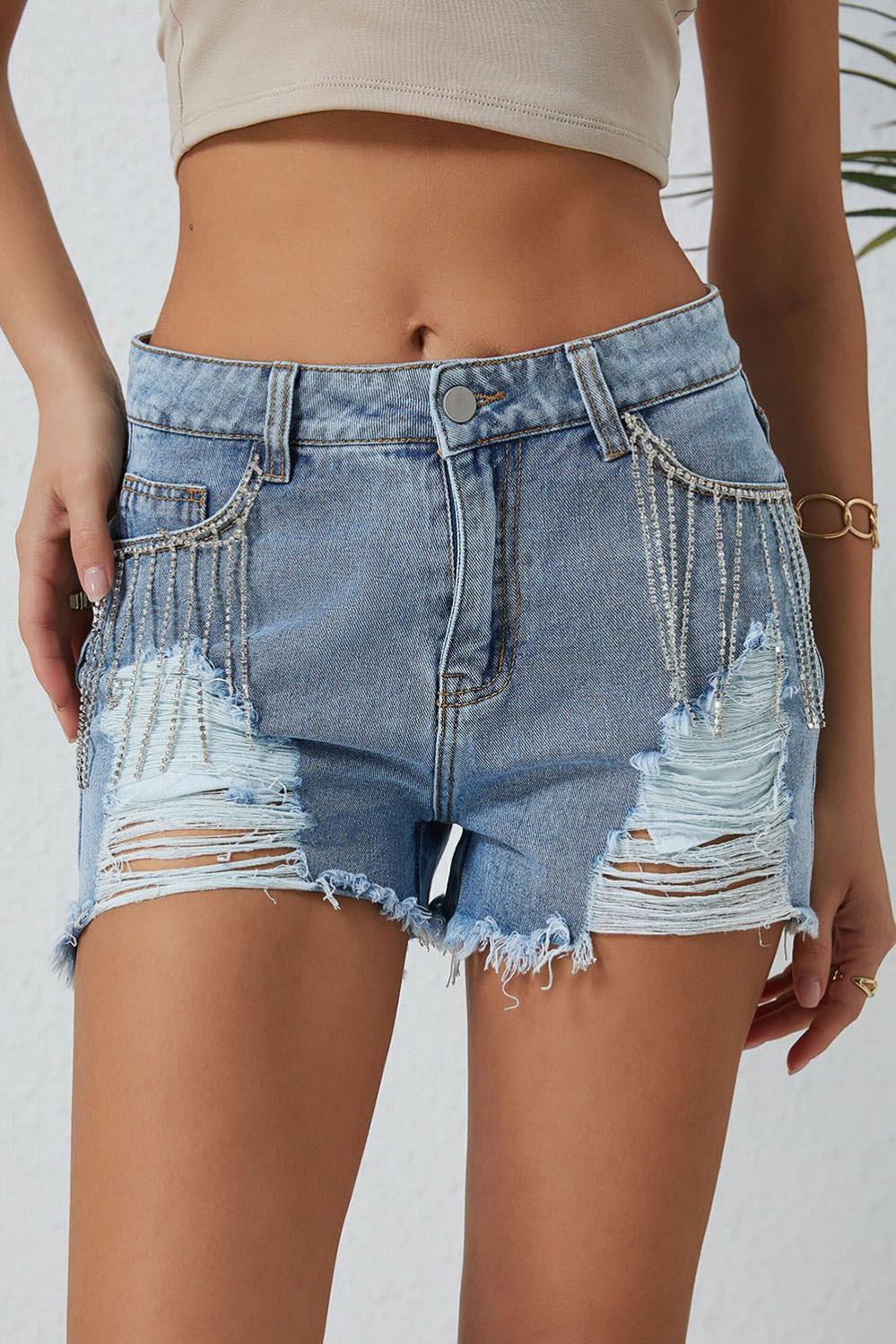 Womens  Denim Shorts | Sky Blue Rhinestone Tassel Distressed Denim Shorts BOTTOMS Denim Shorts