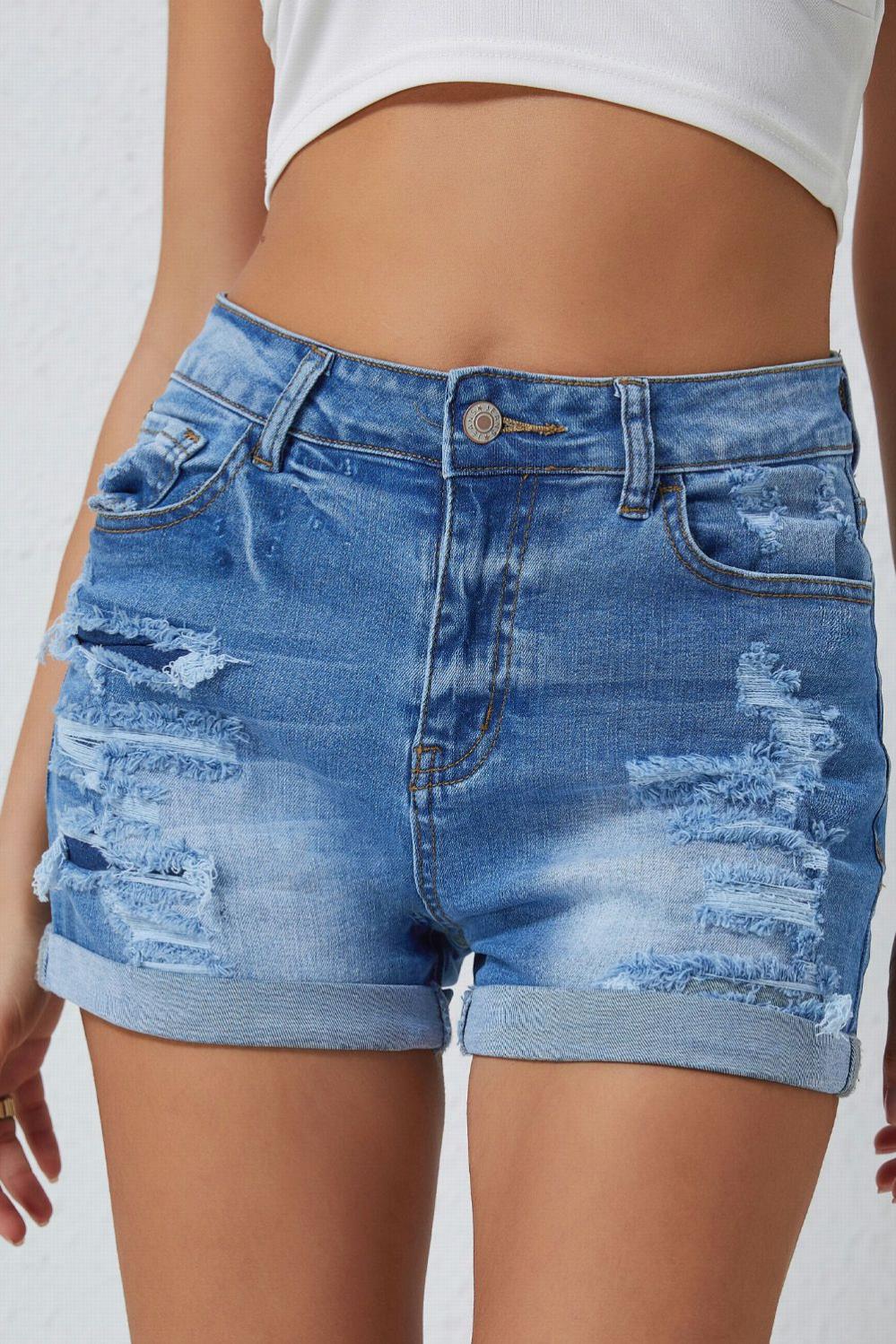 Womens  Denim Shorts | Sky Blue Vintage Distressed High Waist Pocket Denim Shorts BOTTOMS Denim Shorts