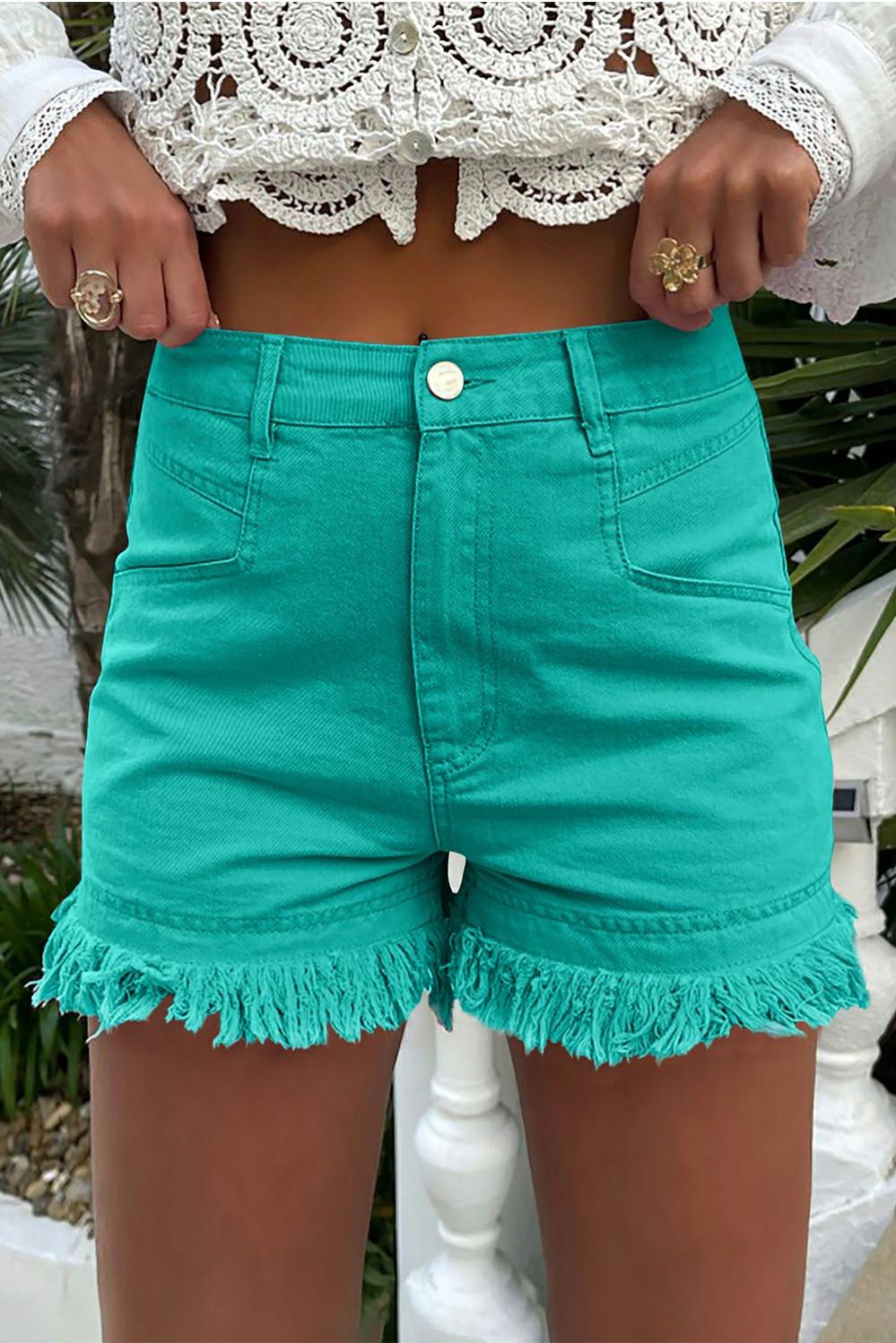 Womens  Denim Shorts | Turquoise Frayed Edge Mid Rise Denim Shorts BOTTOMS Denim Shorts