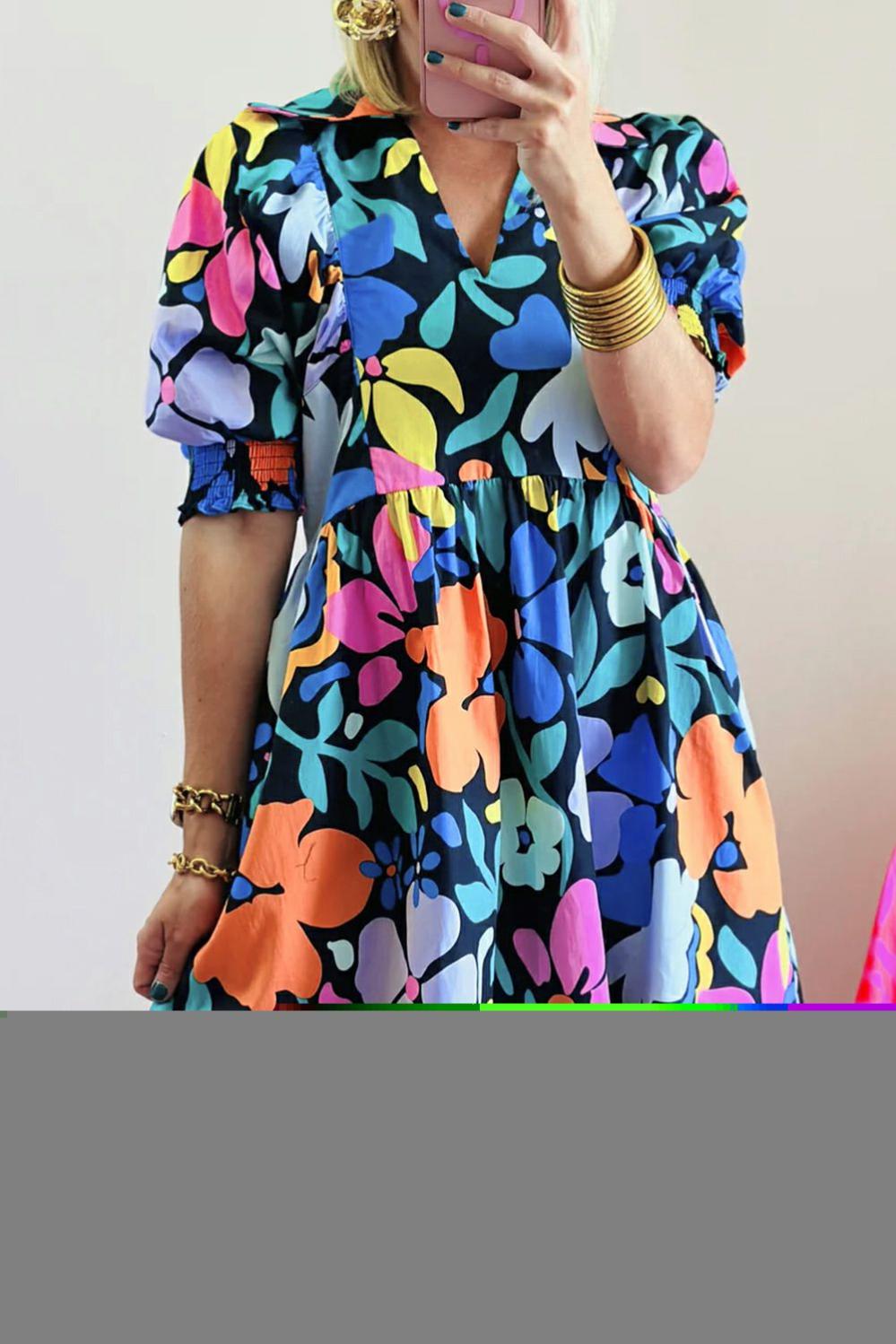 Womens  Floral Dresses | Blue Collared Split Neck Floral Flared Dress DRESSES Blue