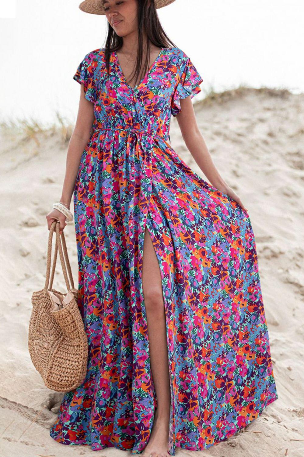 Womens  Floral Dresses | Blue Floral Print V Neck Wrap Split Maxi Dress DRESSES Blue