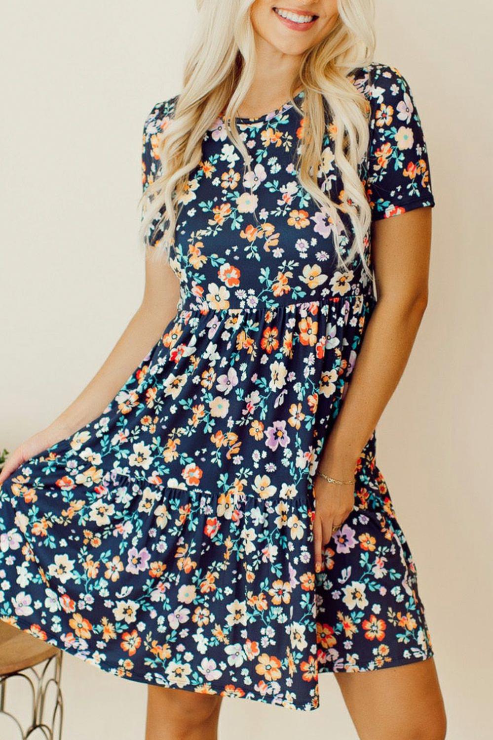 Womens  Floral Dresses | Blue Short Sleeve A-line Floral Dress DRESSES Blue