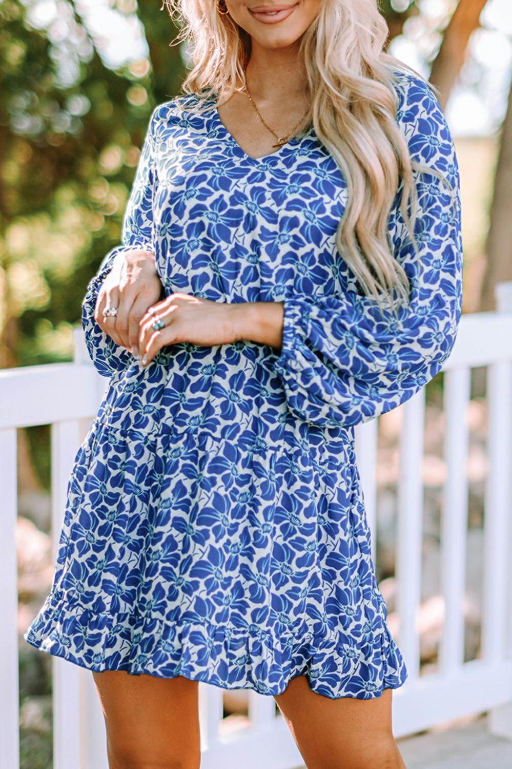 Womens  Floral Dresses | Blue Sky Blue/Blue/Apricot V Neck Lantern Sleeves Floral Tunic Dress Blue