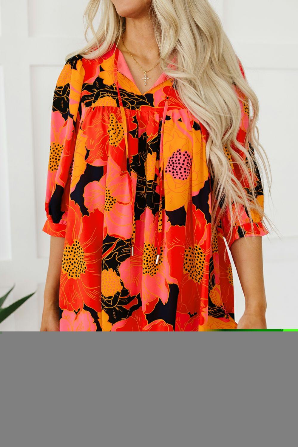 Womens  Floral Dresses | Orange Floral Print 3/4 Sleeve Babydoll Mini Dress DRESSES Floral Dresses