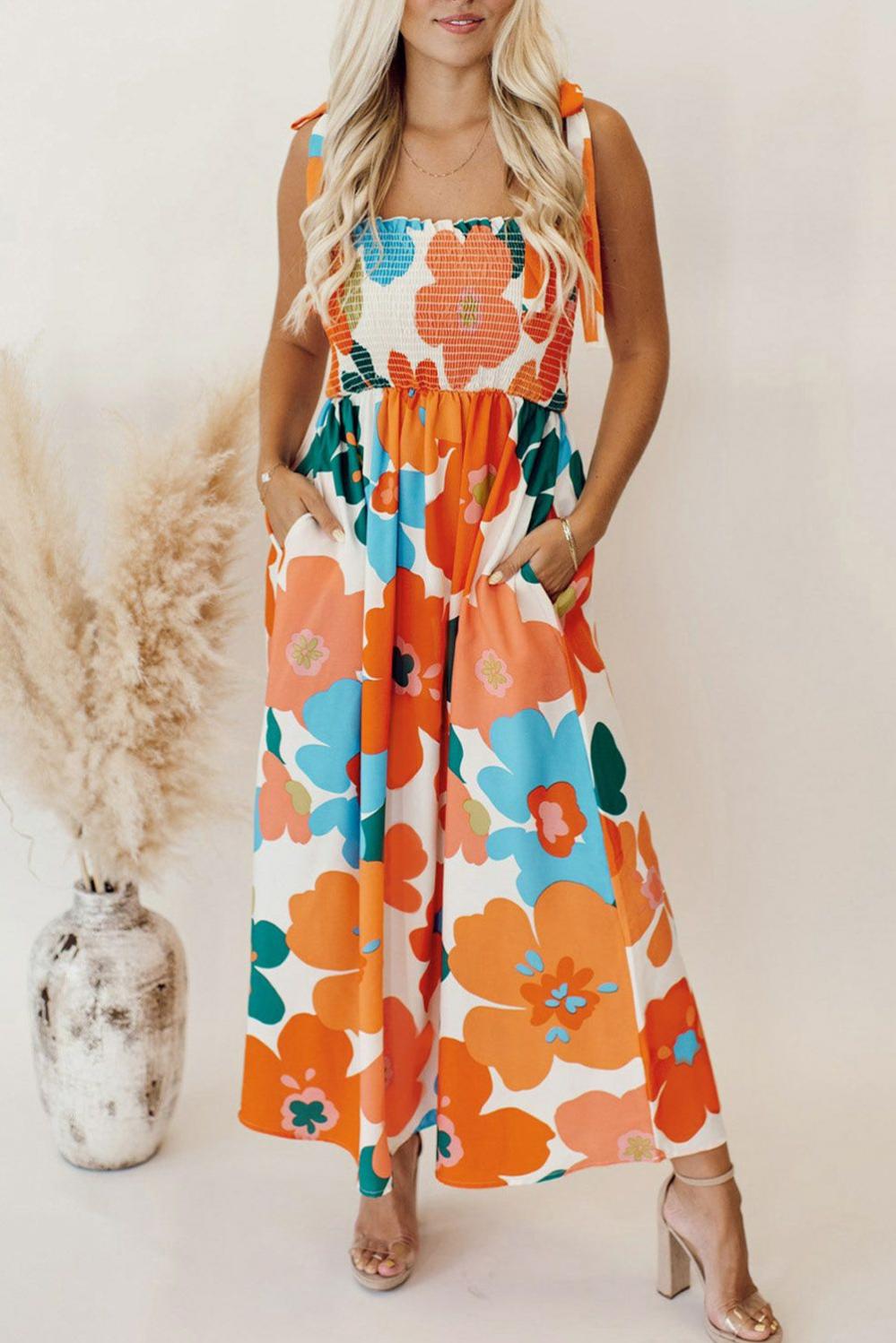 Womens  Floral Dresses | Orange Floral Self Tied Straps Smocked Bust Maxi Dress DRESSES Floral Dresses