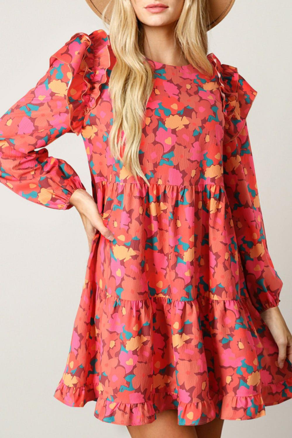 Womens  Floral Dresses | Rose Red Ruffle Shoulder Long Sleeve Floral Mini Dress DRESSES Floral Dresses