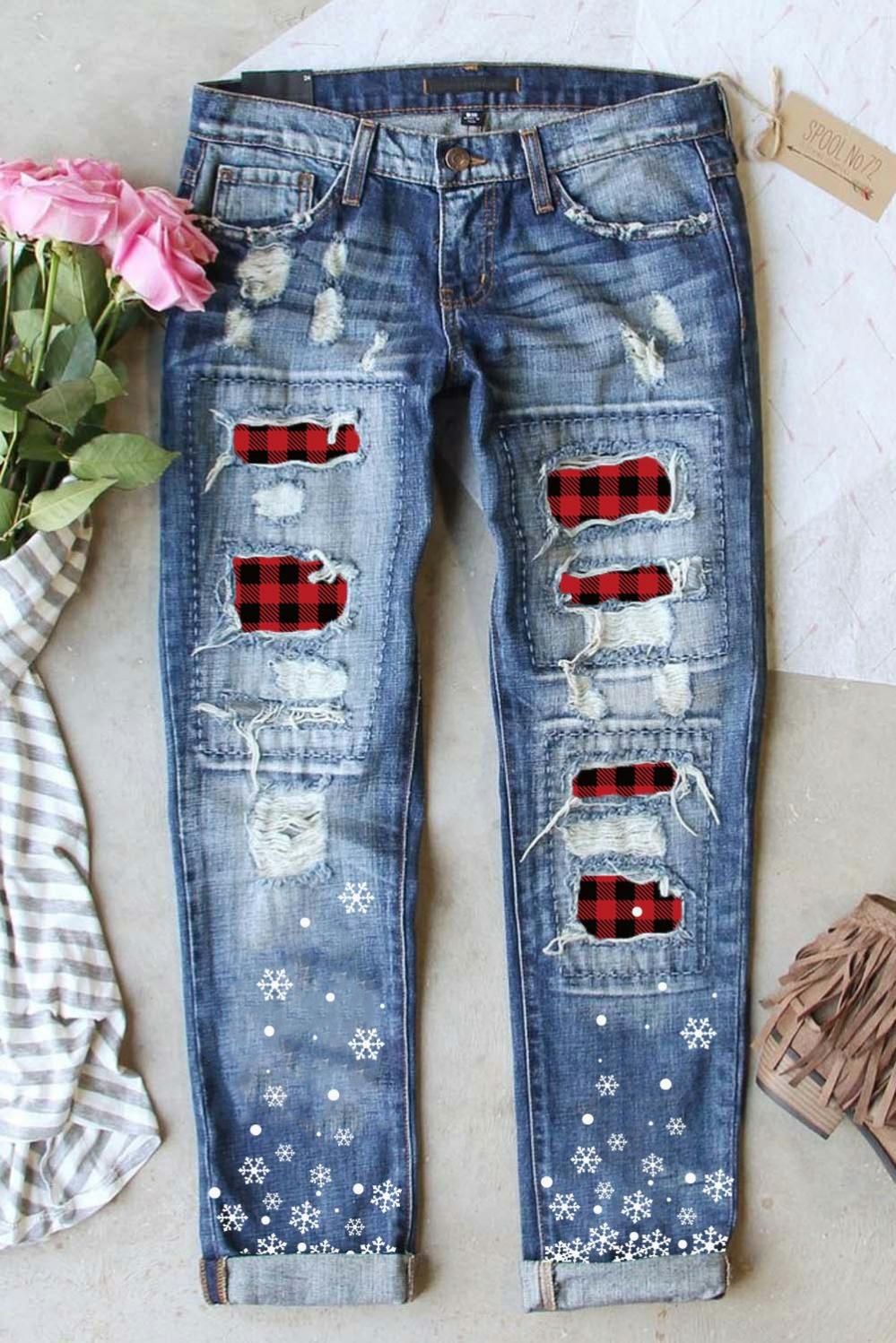 Womens  Graphic Pants | Sky Blue Buffalo Plaid Patch Christmas Snowflake Distressed Straight Jeans GRAPHIC Graphic Pants