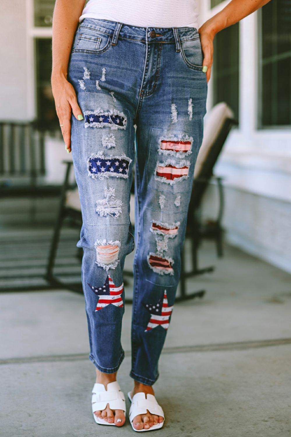 Womens  Graphic Pants | Sky Blue  American Flag Patched Distressed Jeans GRAPHIC Graphic Pants