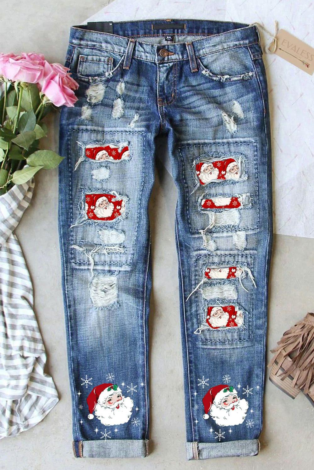 Womens  Graphic Pants | Sky Blue Christmas Santa Claus Patchwork Distressed Boyfriend Jeans GRAPHIC Graphic Pants