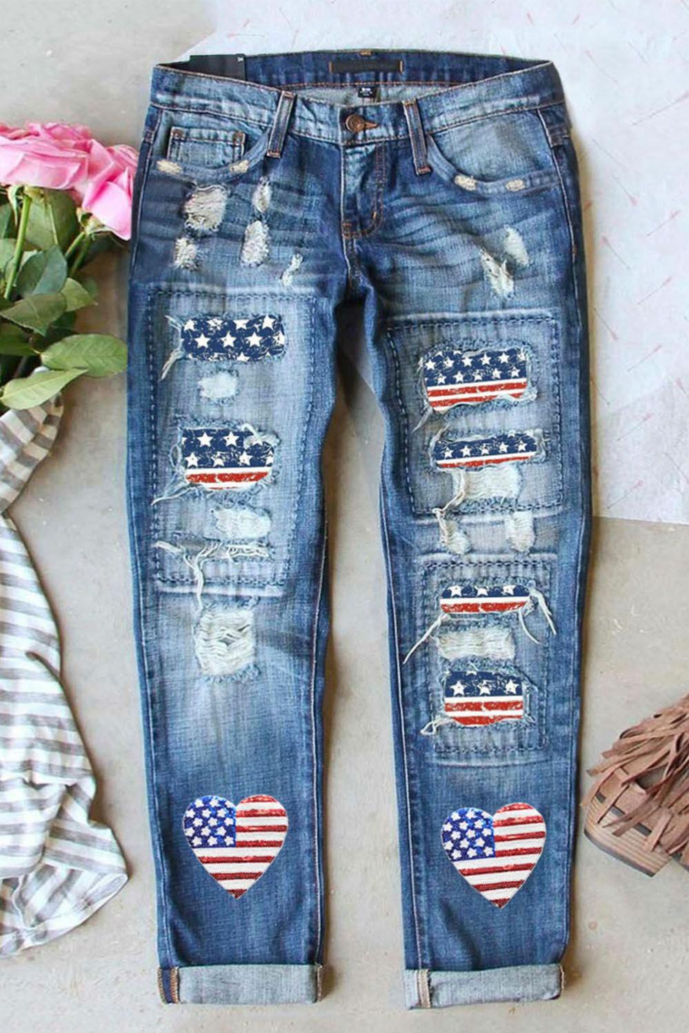 Womens  Graphic Pants | Sky Blue Heart-shape American Flag Patch Frayed Jeans GRAPHIC Graphic Pants