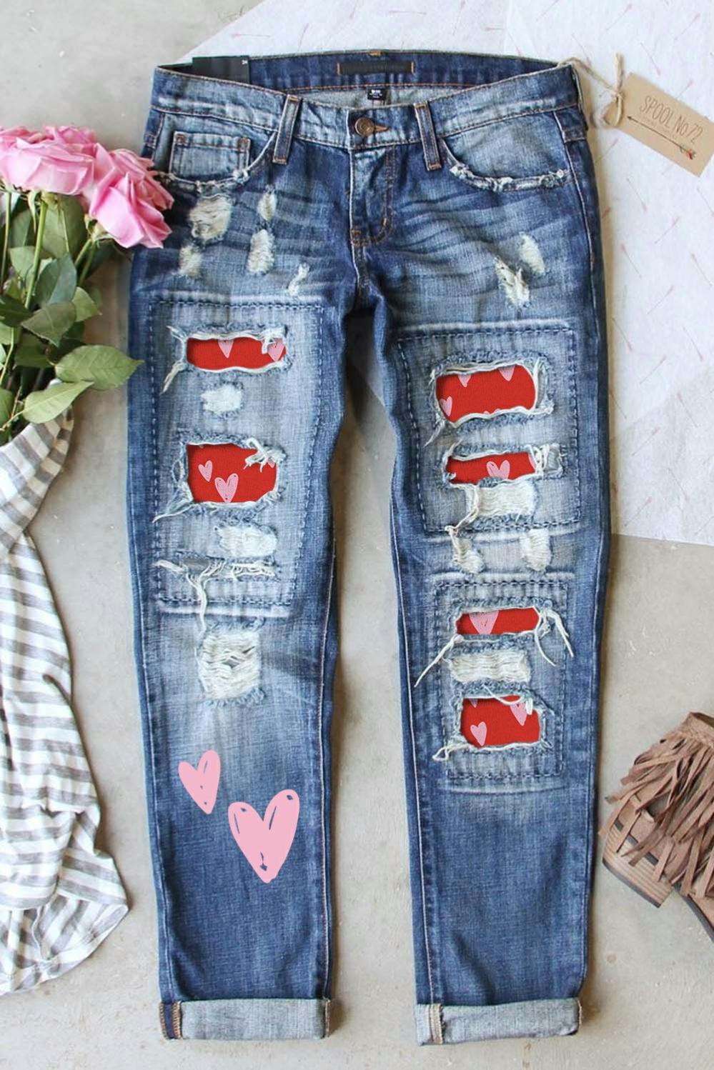 Womens  Graphic Pants | Sky Blue Heart Shaped Patchwork Straight Leg Distressed Jeans GRAPHIC Graphic Pants