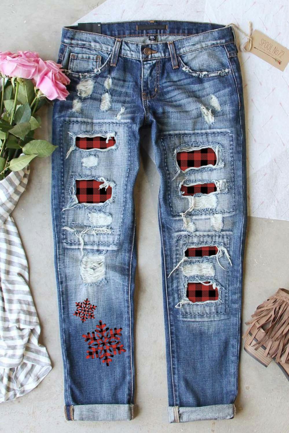 Womens  Graphic Pants | Sky Blue Plaid Snowflake Distressed Patchwork Jeans GRAPHIC Graphic Pants