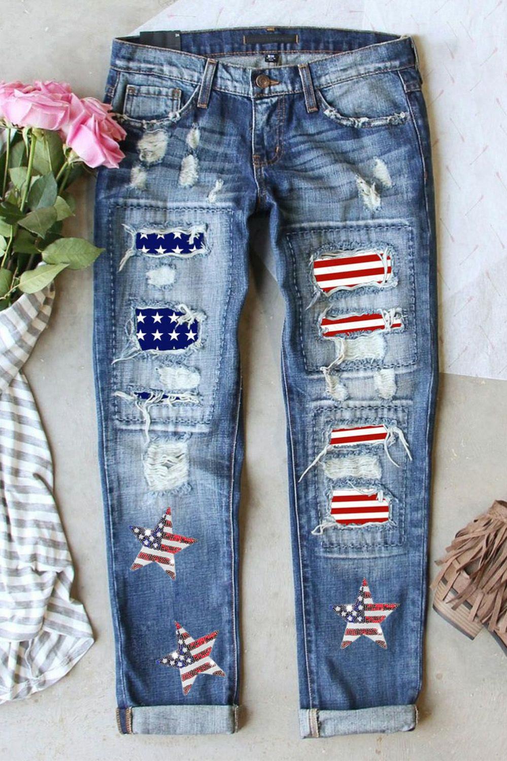 Womens  Graphic Pants | Sky Blue Sequin American Flag Star Graphic Distressed Straight Jeans GRAPHIC Graphic Pants