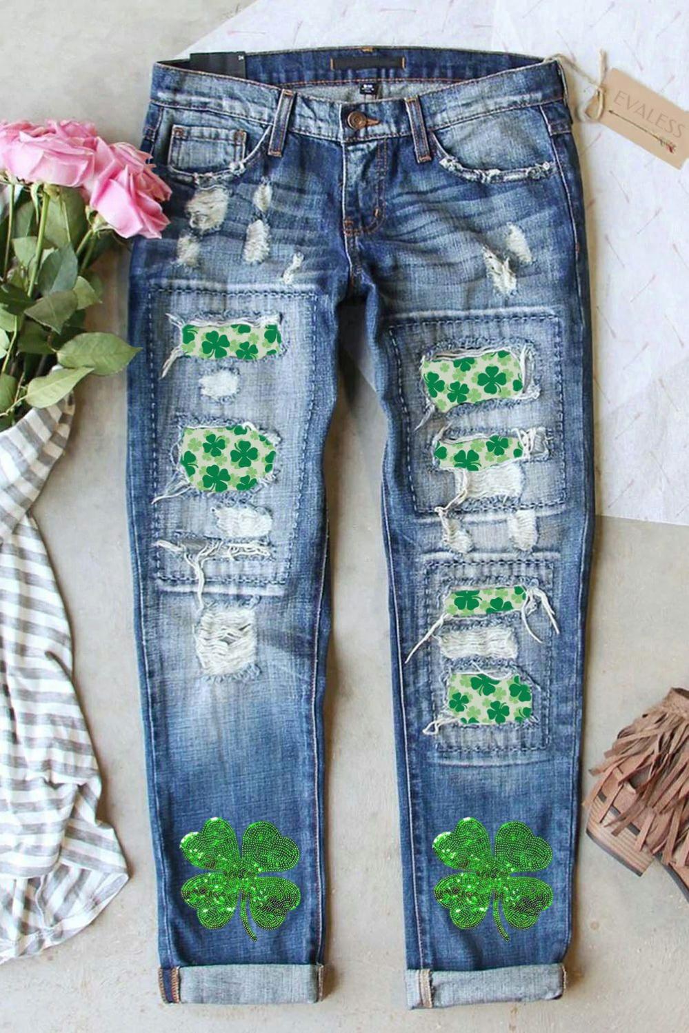 Womens  Graphic Pants | Sky Blue St. Patricks Clover Patchwork Sequin Distressed Jeans GRAPHIC Graphic Pants