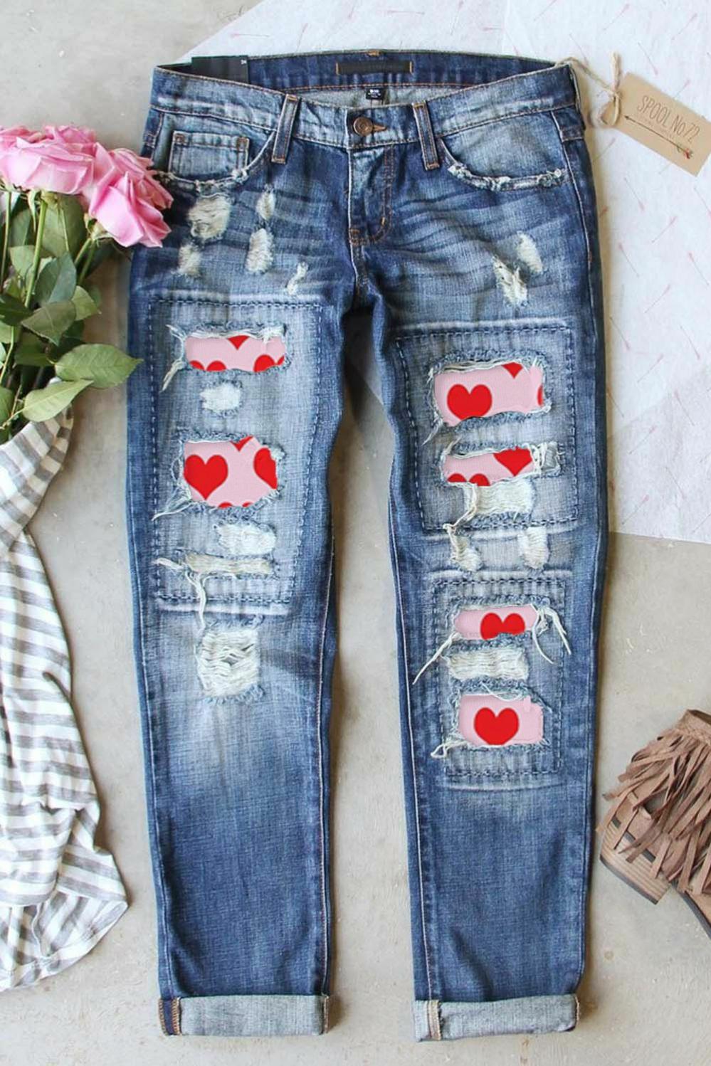 Womens  Graphic Pants | Sky Blue Valentines Day Heart Patchwork Distressed Jeans GRAPHIC Graphic Pants