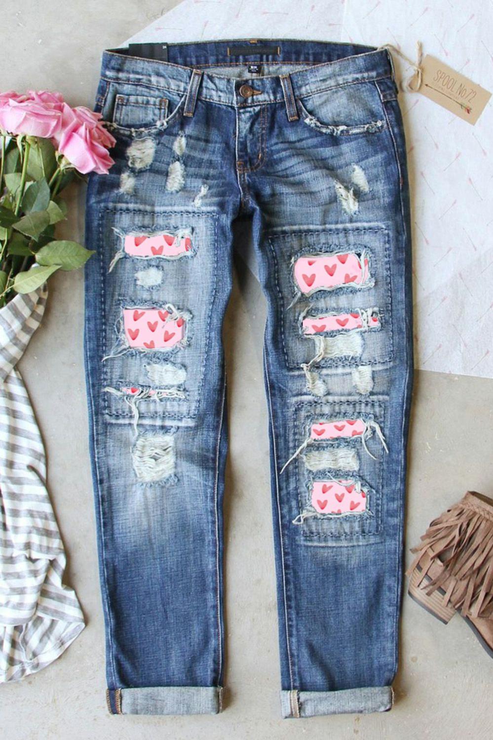 Womens  Graphic Pants | Sky Blue Valentines Day Heart Patchwork Jeans GRAPHIC Graphic Pants