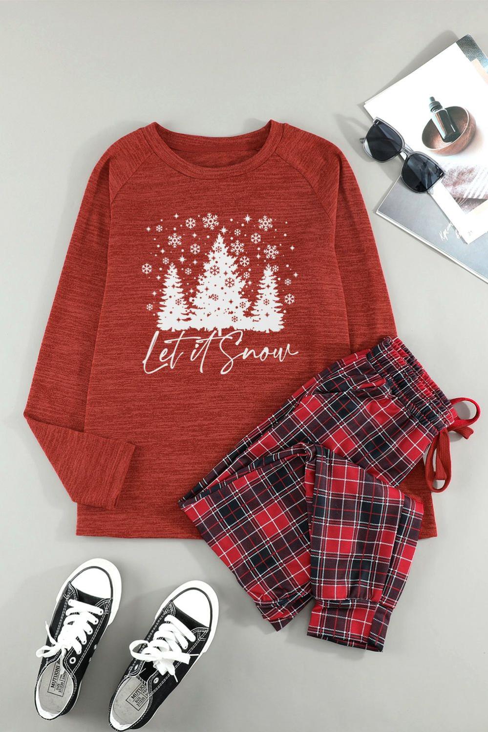 Womens  Graphic Sets | Fiery Red Let It Snow Christmas Plaid 2pcs Loungewear GRAPHIC Fiery Red