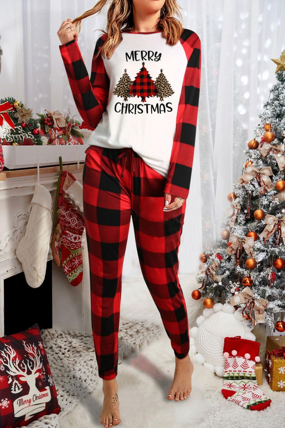 Womens  Graphic Sets | Fiery Red MERRY CHRISTMAS Trees Plaid Print Two Piece Lounge Set GRAPHIC Fiery Red