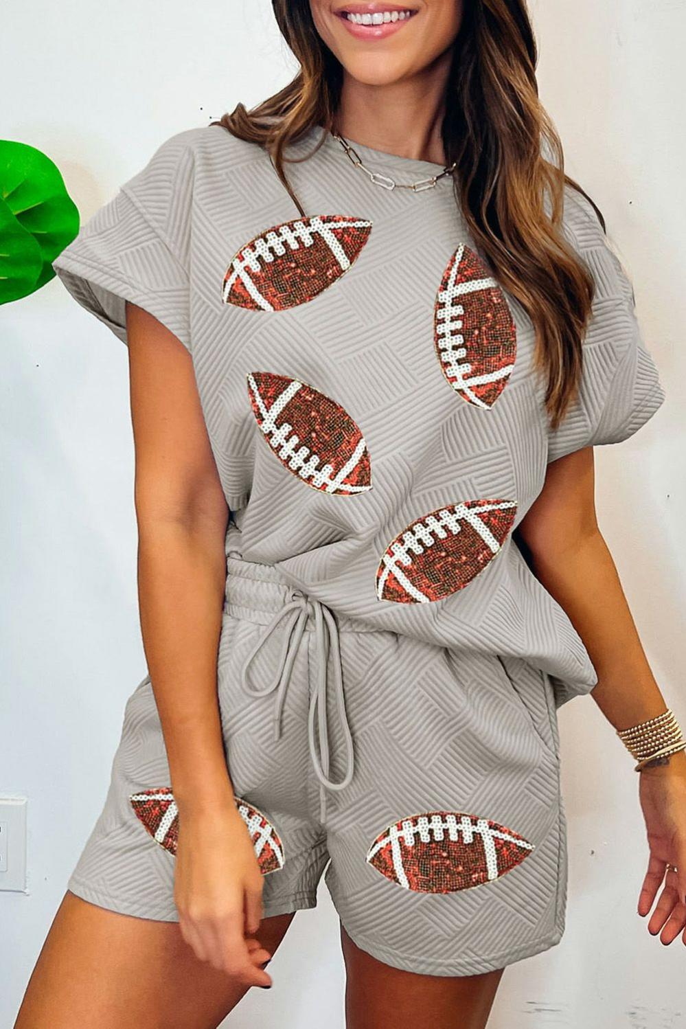 Womens  Graphic Sets | Gray Sequin Rugby Textured T Shirt Shorts Set GRAPHIC Graphic Sets