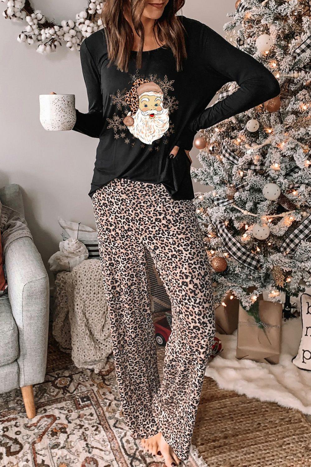 Womens  Graphic Sets | Leopard Christmas Santa Claus Leopard Print Two Piece Lounge Set GRAPHIC Graphic Sets