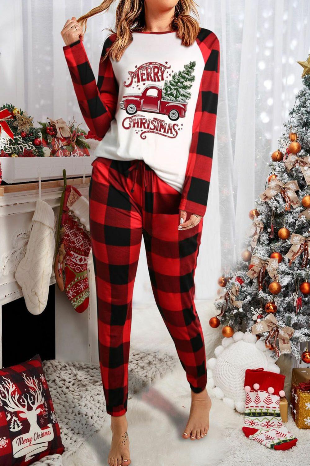 Womens  Graphic Sets | Red MERRY CHRISTMAS Plaid Print Two Piece Loungewear GRAPHIC Graphic Sets