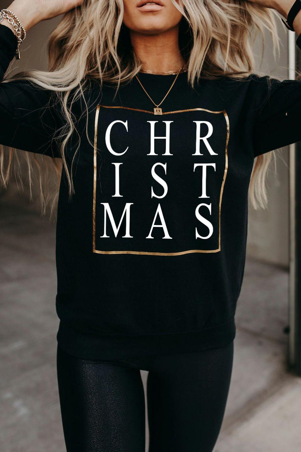 Womens  Graphic Sweatshirts | Black CHRISTMAS Glitter Print Crew Neck Sweatshirt GRAPHIC Black