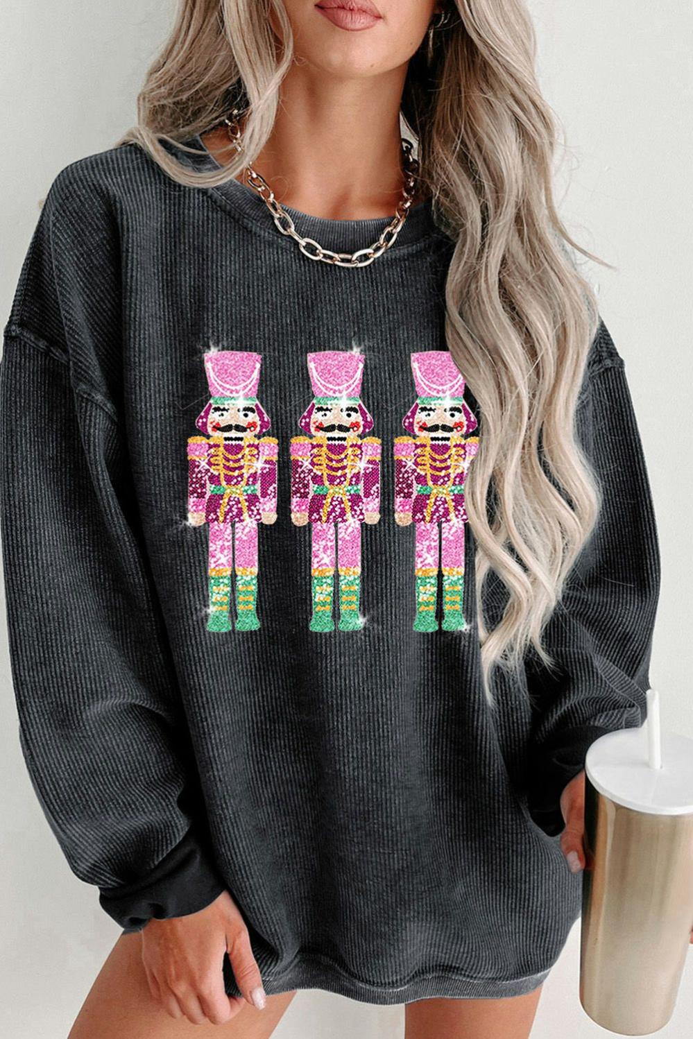 Womens  Graphic Sweatshirts | Black Christmas Sequined Nutcrackers Mineral Wash Corded Sweatshirt GRAPHIC Black