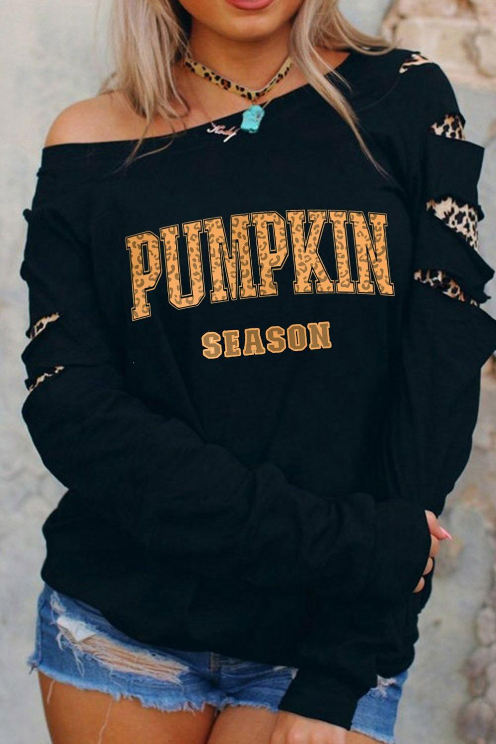 Womens  Graphic Sweatshirts | Black Leopard PUMPKIN SEASON Graphic Ripped Sleeve Sweatshirt GRAPHIC Black