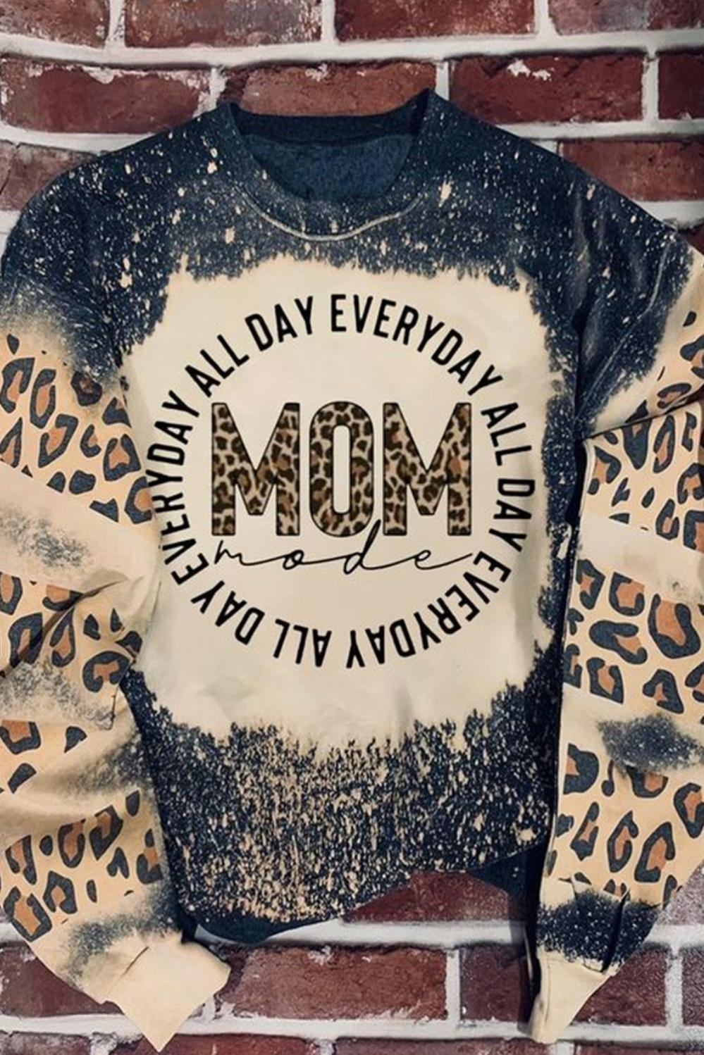 Womens  Graphic Sweatshirts | Black MOM Letter Graphic Print Leopard Bleached Sweatshirt GRAPHIC Black