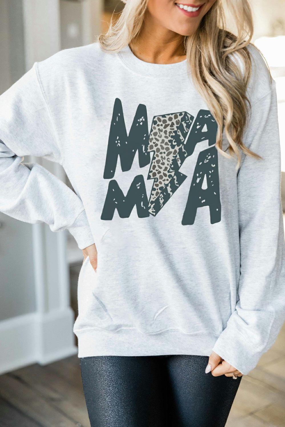 Womens  Graphic Sweatshirts | Gray MAMA Lightning Leopard Print Long Sleeve Sweatshirt GRAPHIC Graphic Sweatshirts