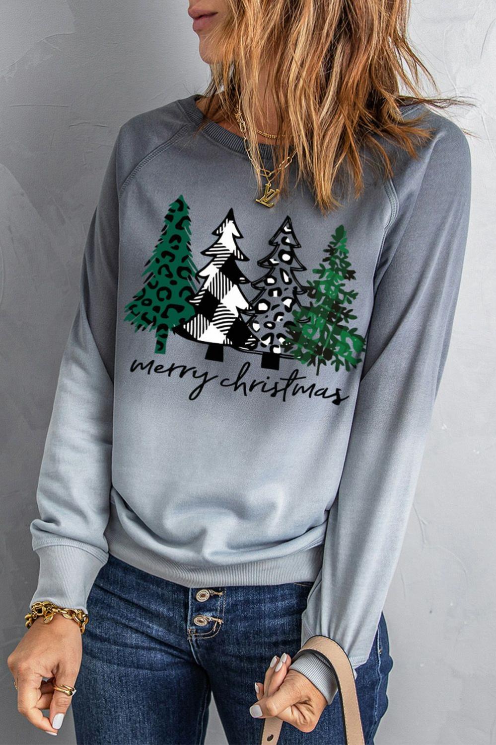 Womens  Graphic Sweatshirts | Gray Merry Christmas Tree Gradient Color Print Graphic Sweatshirt GRAPHIC Graphic Sweatshirts