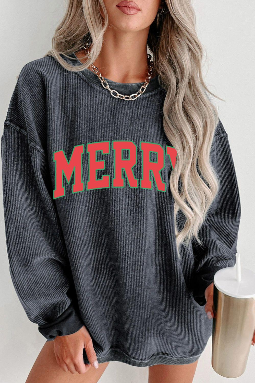 Womens  Graphic Sweatshirts | Gray MERRY Graphic Corded Pullover Sweatshirt GRAPHIC Graphic Sweatshirts