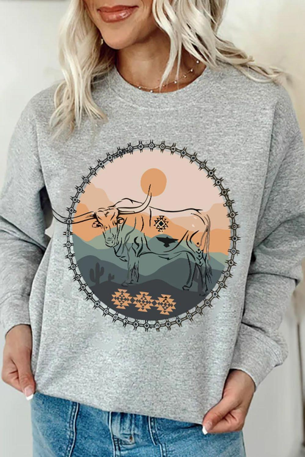 Womens  Graphic Sweatshirts | Gray Western Fashion Bull Graphic Print Sweatshirt GRAPHIC Graphic Sweatshirts