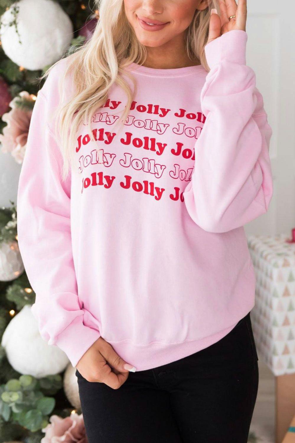 Womens  Graphic Sweatshirts | Pink Christmas Jolly Letter Print Pullover Sweatshirt GRAPHIC Graphic Sweatshirts