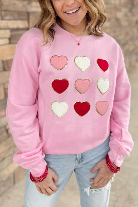 Womens  Graphic Sweatshirts | Pink Glitter Chenille Heart Patch Valentines Sweatshirt GRAPHIC Graphic Sweatshirts