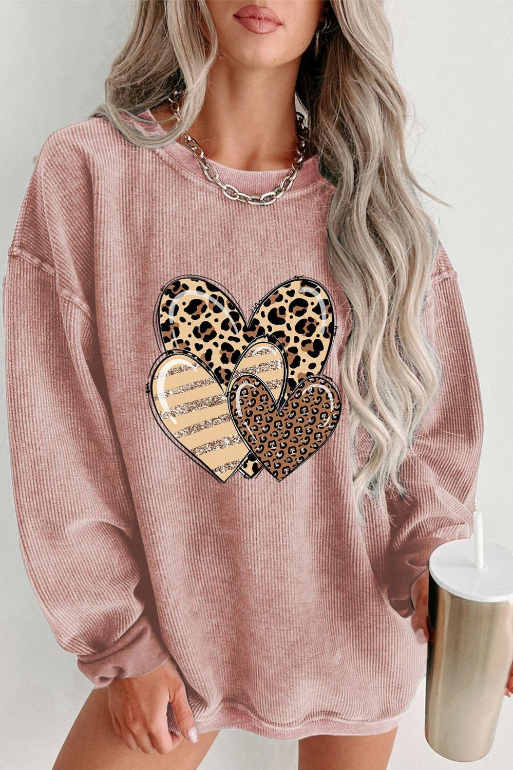 Womens  Graphic Sweatshirts | Pink Leopard Heart Shape Corded Loose Fit Sweatshirt GRAPHIC Graphic Sweatshirts