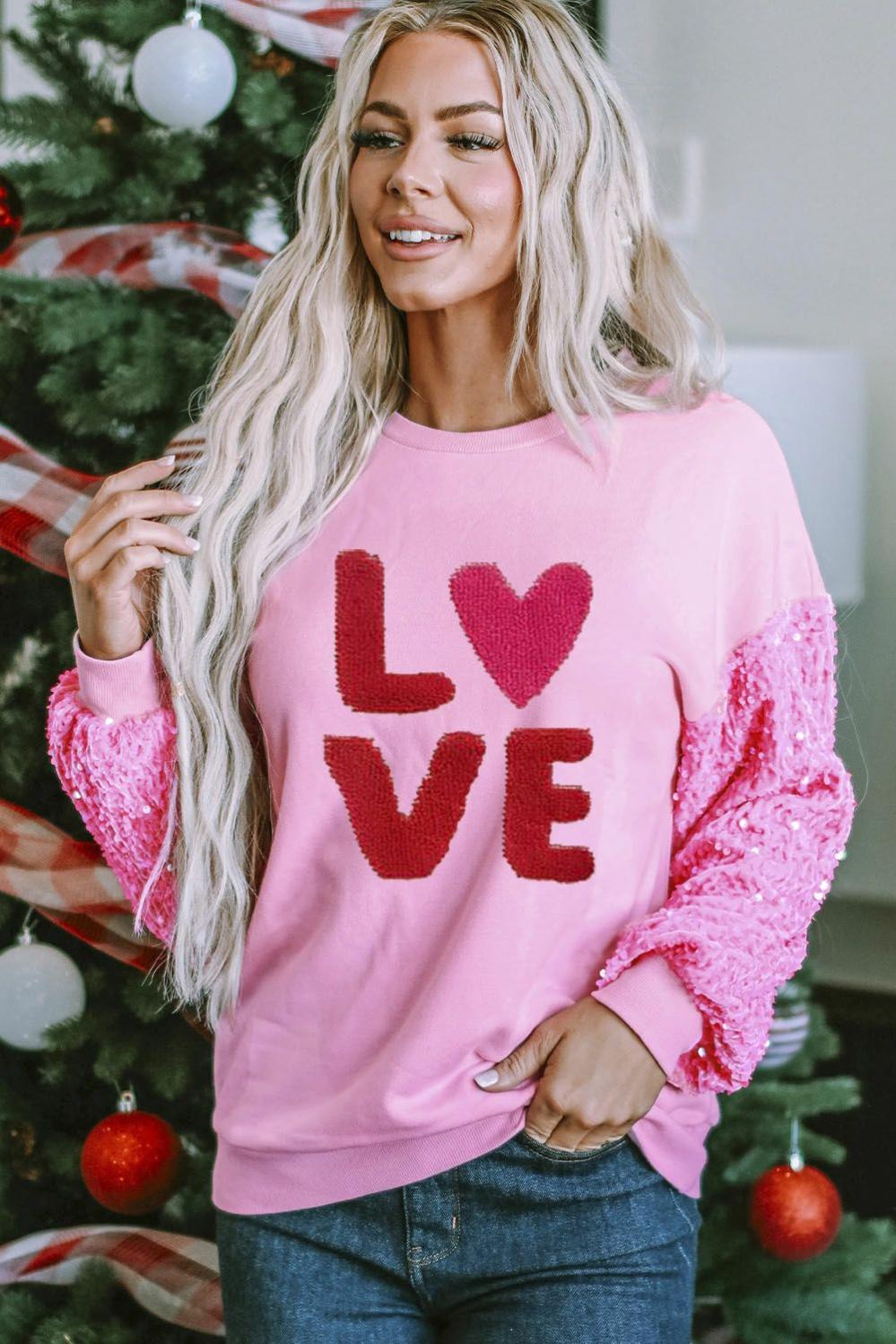 Womens  Graphic Sweatshirts | Pink Valentines LOVE Chenille Embroidered Sequin Sleeve Sweatshirt GRAPHIC Graphic Sweatshirts